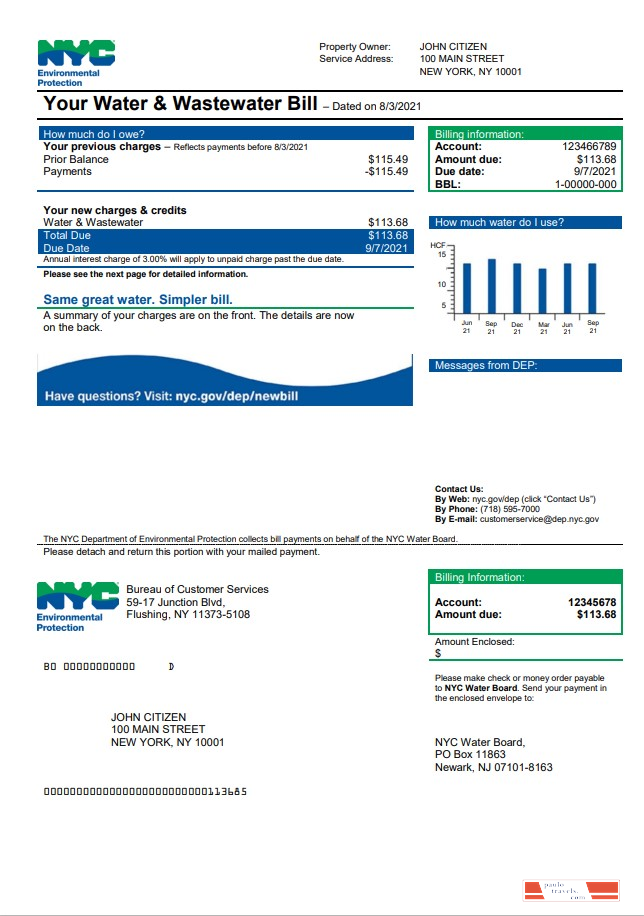 USA The New York City Department of Environmental Protection (DEP) utility bill template in Word and PDF format